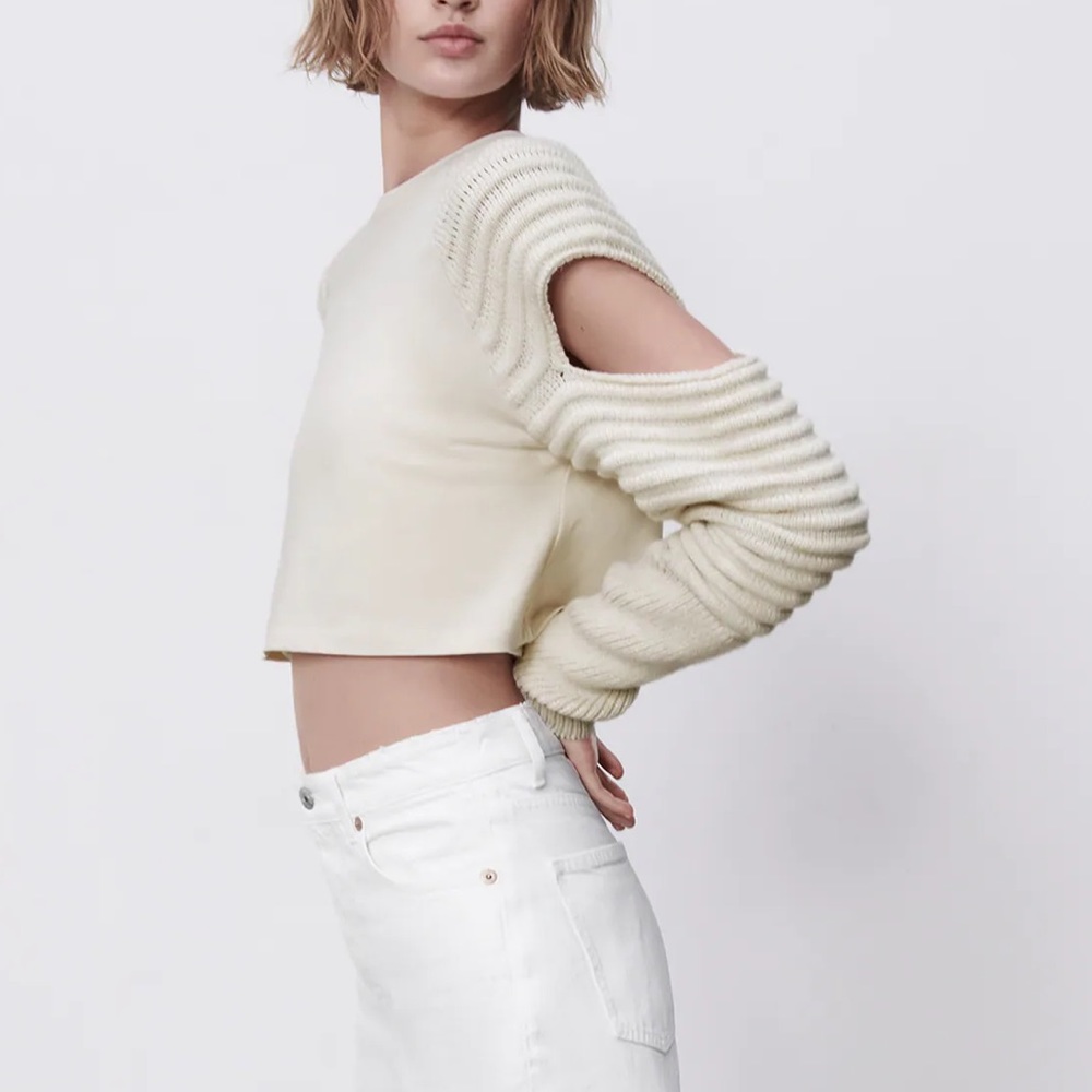 Zara sand color cut out crop top w/ knit sleeves
